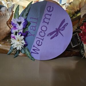 Purple Welcome Sign with Dragonfly Design
